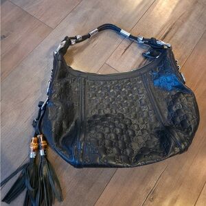 Gucci Guccissima Techno Horsebit Black Leather Designer Hobo Bag